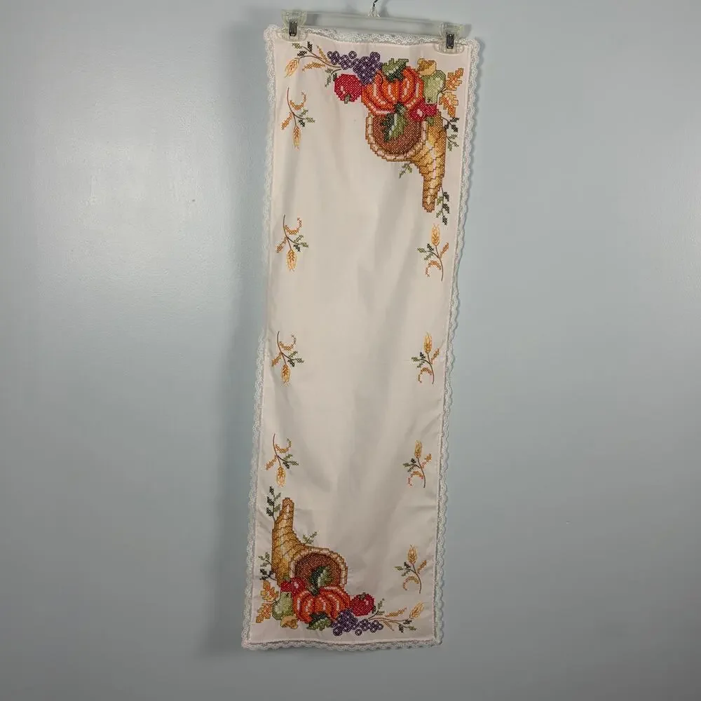 Thanksgiving crosstitch cornucopia table runner fall decor vintage handmade 70s